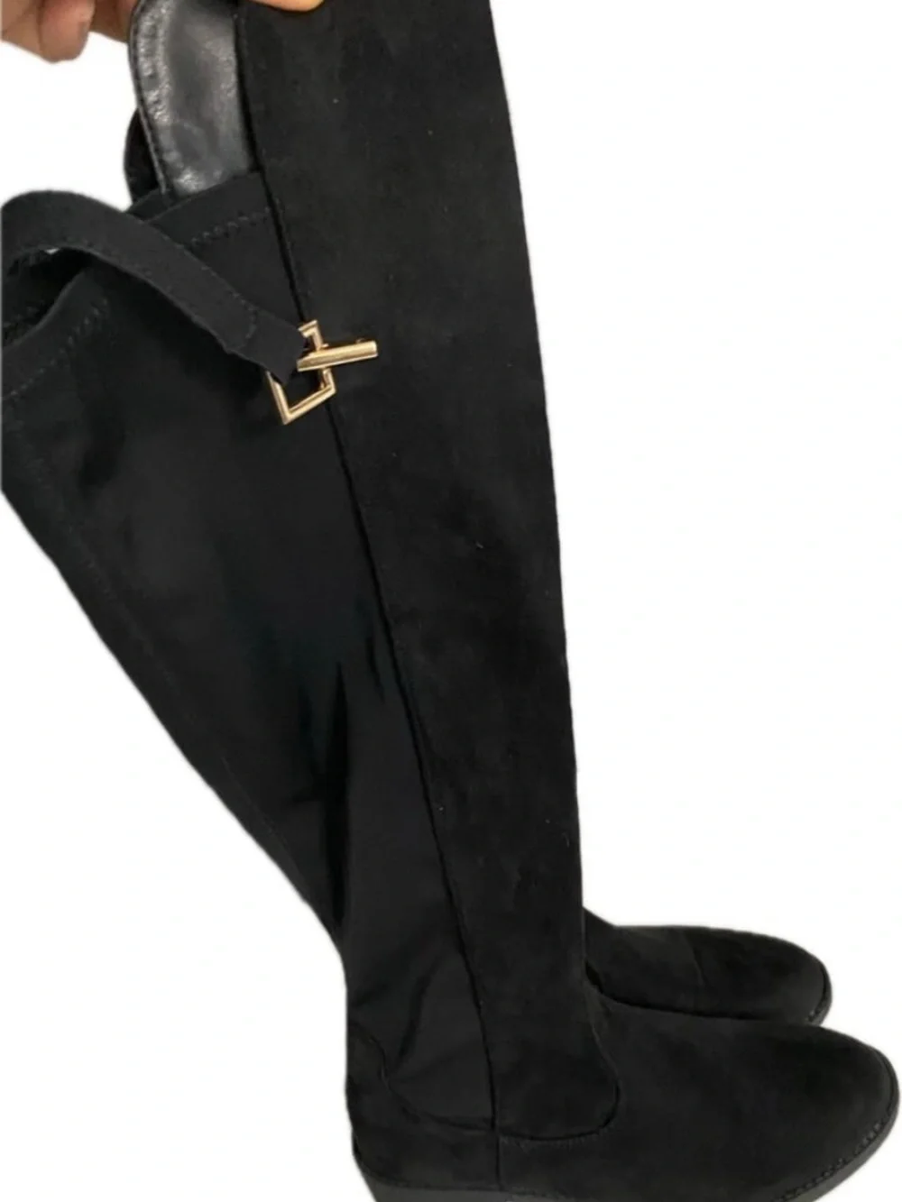 Black Over-the-Knee Suede Boots with Gold Buckle Detail